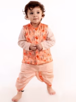 Boys Peach Printed Kurta with Dhoti and Jacket - Image 4